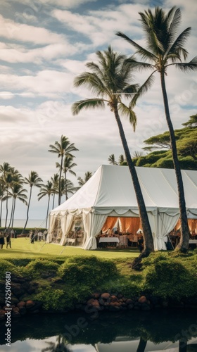 Wedding tent for a summer wedding celebration outdoors in a tropical country, a tent among palm trees
