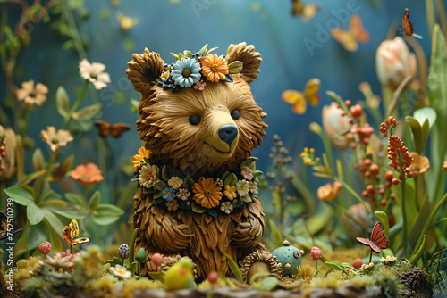 Claymation bear with floral crown among yellow flowers and butterflies. Whimsical animal and spring concept for greeting card design