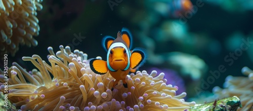 Colorful anemone clownfish swimming in vibrant anemone coral reef environment
