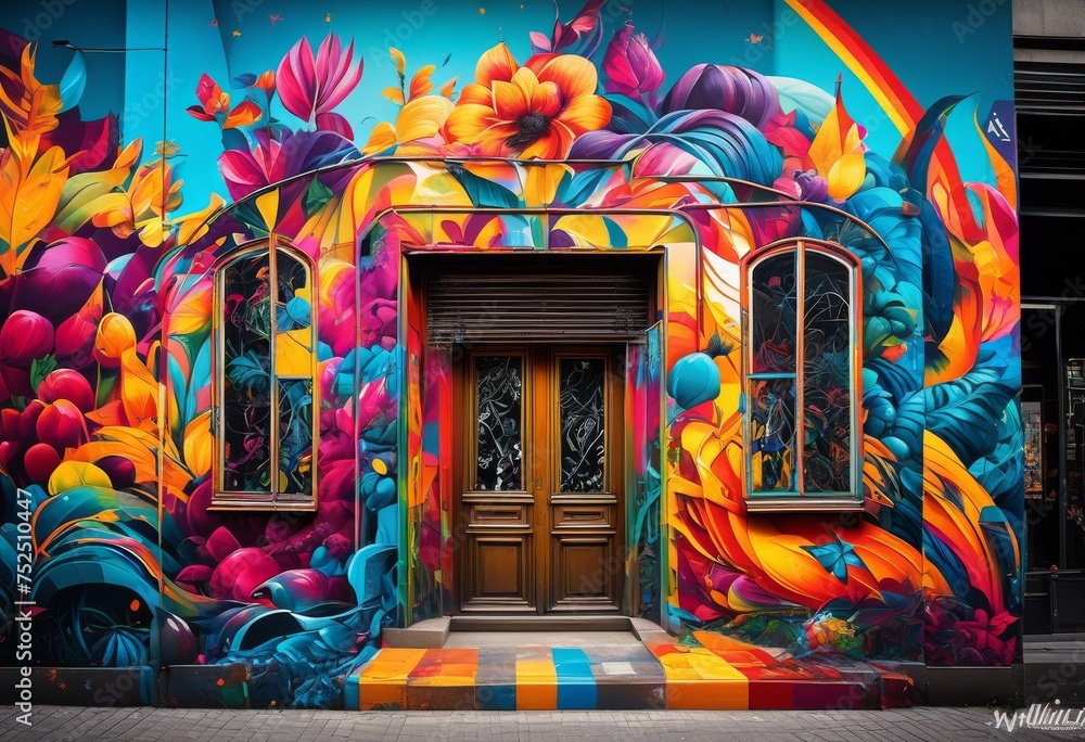 Fototapeta premium illustration, vibrant urban art exploration street corners, discover, graffiti, murals, city, walls, colorful, culture, creativity, expression, contemporary