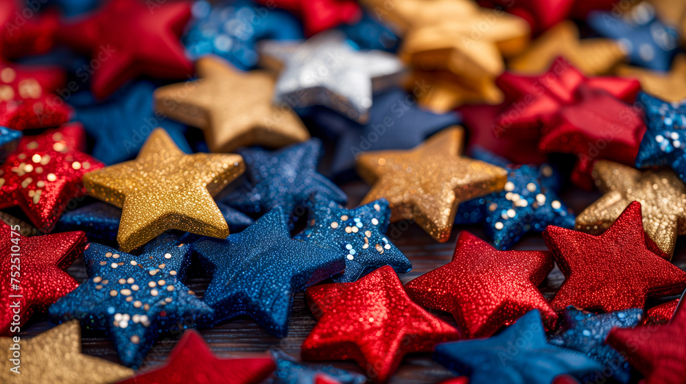 Glittering red, blue, and gold star decorations scattered, creating a vibrant and festive atmosphere for celebration.