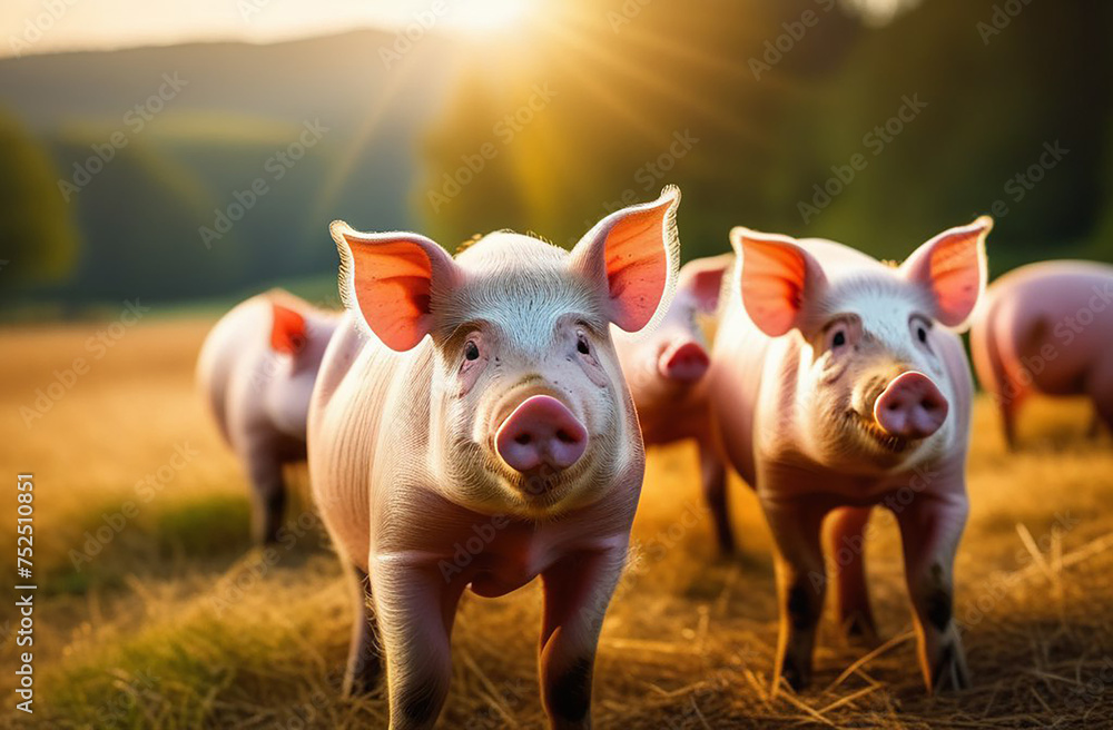 Pigs graze in a meadow on a farm Pigs graze in a meadow on a farm