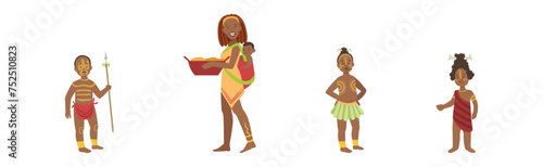 African People Character Standing Aboriginal in Traditional Tribal Clothing Vector Set
