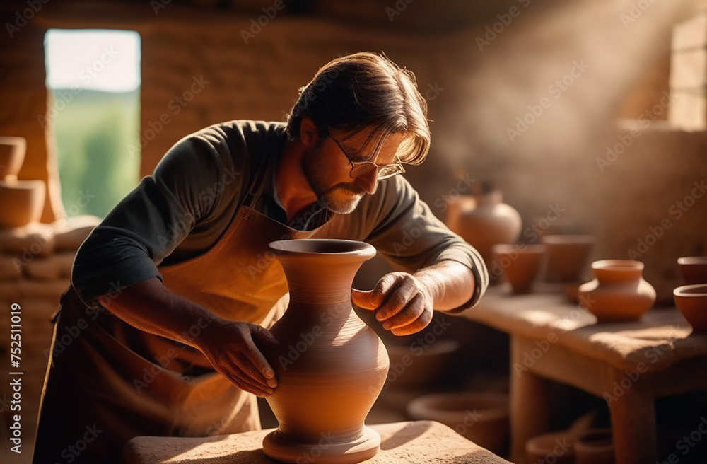 Potter makes a vase from clay in the studio Potter makes a vase from clay in the studio