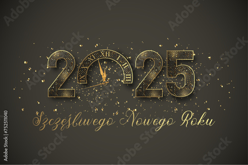 Kartka lub opaska na głowę z życzeniami szczęśliwego nowego roku 2025 w kolorze szarym i złotym 0 zastępuje zegar na szarym tle ze złotym brokatem