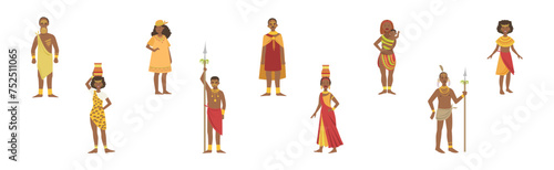 African People Character Standing Aboriginal in Traditional Tribal Clothing Vector Set