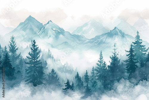 Winter background vector. Hand painted watercolor drawing for pine and mountain landscapes. Background design for invitation, cards, social post, ad, cover, sale banner and invitation. photo