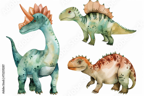 Fototapeta Naklejka Na Ścianę i Meble -  Set of watercolor cute little dinosaur pastel colorful vector illustration, for kids book,wallpaper, coloring book