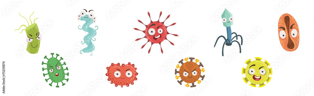 Fototapeta premium Bacteria and Microbe Cute Germs with Faces Vector Set
