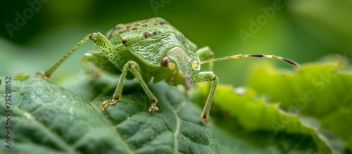 Close-up of a vibrant green grasshopper perching on a fresh green leaf in nature