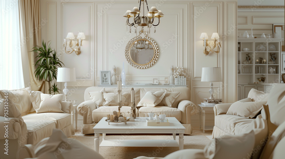 Luxurious interior living room.Upholstered furniture of milky cream color. Elegant classic in beige colors.