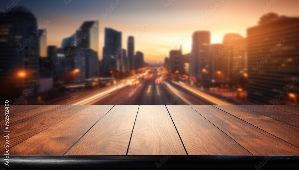 Wooden Table Top and Blurred City Traffic at Sunset