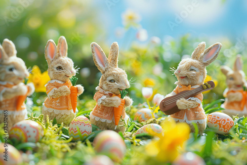 Bunny figurines celebrating Easter with instruments and eggs. Claymation shot with a festive spring concept. Easter holiday decoration scene for greeting card, invitation, or poster design
