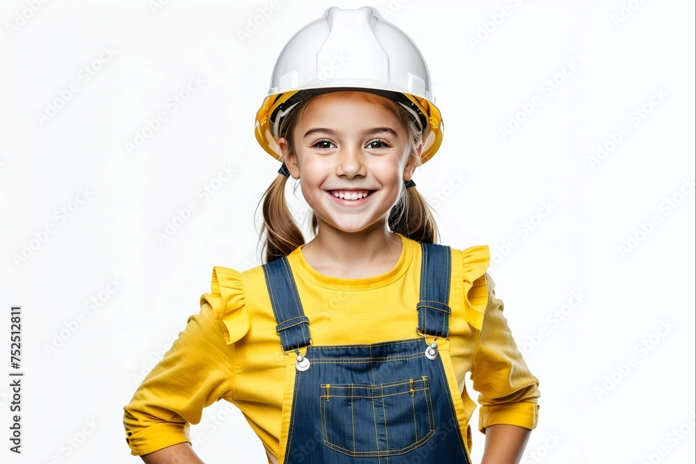 A young girl wearing a yellow safety helmet and overalls is smiling A young girl wearing a yellow safety helmet and overalls is smiling