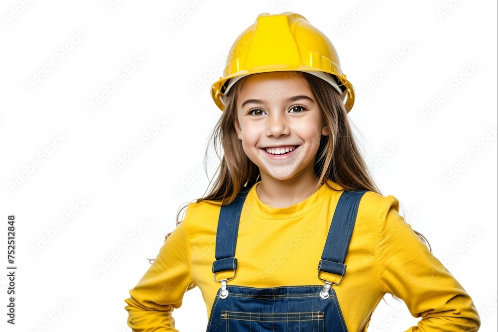 A young girl wearing a yellow safety helmet and overalls is smiling