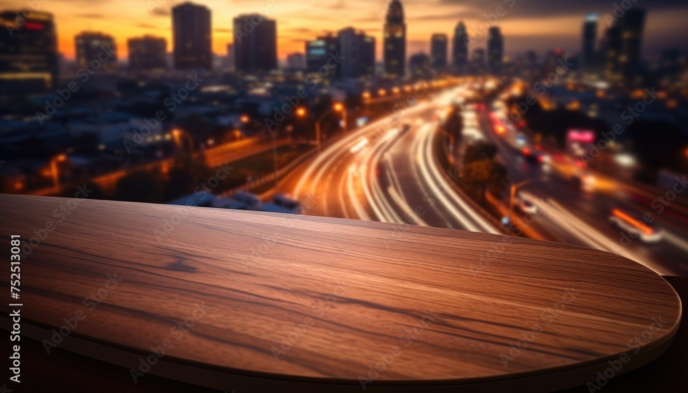 Wooden Table Top and Blurred City Traffic at Sunset