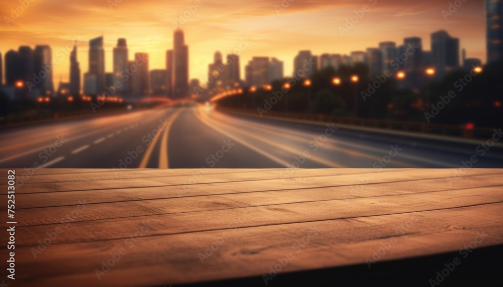 Fototapeta premium Wooden Table Top and Blurred City Traffic at Sunset