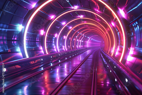 Retro Neon Hyper Warp Space Flight  Abstract Tunnel 3D Illustration 