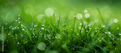 Blades of green grass covered in sparkling dews under sunlight in the morning