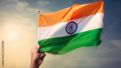 Hand grab Indian flag waving in the air clear sky