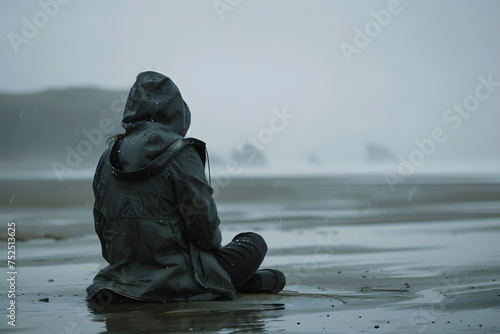 woman sitting on the seashore in a gloomy day