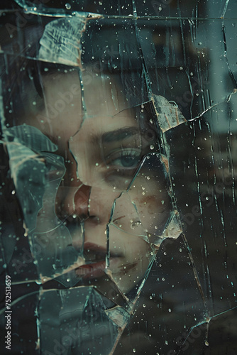 sad woman behind a broken glass
