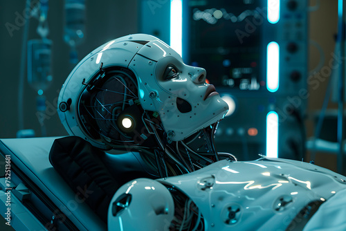 humanoid robot lying on an operating room table