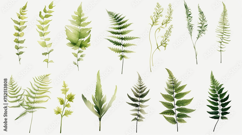 Naklejka premium Elements set collection of green forest fern, tropical green eucalyptus greenery art foliage natural leaves herbs in watercolor style. Decorative beauty elegant illustration
