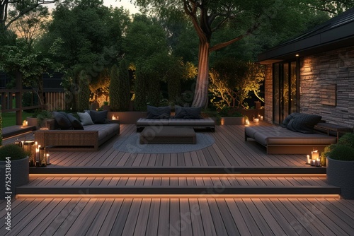 Amazing wooden deck at twilight with seating arrangement.