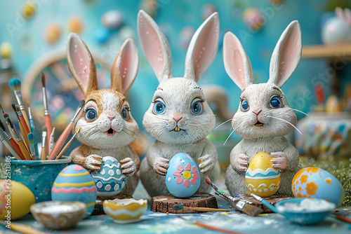 Easter bunnies with colorful eggs and painting tools. Claymation shot with vibrant spring flowers background. Creative Easter crafting and decoration concept for design, invitation, and print