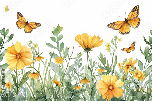 Wide horizontal banner with yellow flowers and butterflies. Floral seamless pattern. Summer or spring background.