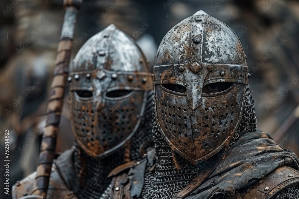 A medieval knight clad in detailed armor poses amidst a misty backdrop, exemplifying strength and chivalry A medieval knight clad in detailed armor poses amidst a misty backdrop, exemplifying strength and chivalry