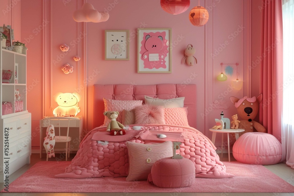 Fototapeta premium Beautiful girls room in bright pink color with furniture, bed and toys.