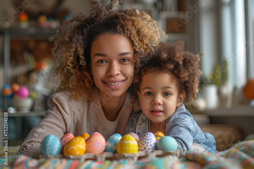 A woman and her little daughter decorate Easter eggs together in a bright  cozy living room