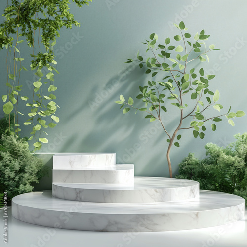 Modern White Podium Presentation with Stone Slabs and Greenery