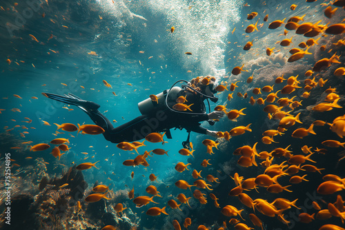 A female scuba diver swims underwater among many exotic fish