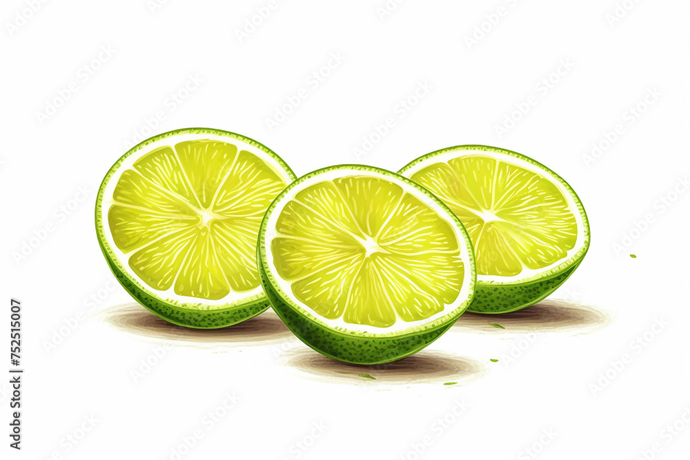 Fresh whole and cut lime and slices isolated on white background