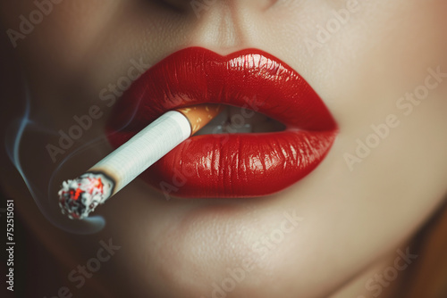 women's lips with red lipstick with a lit cigarette and smoke