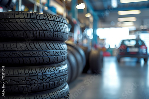 Tires in a stack in a light auto repair shop with a car in the background