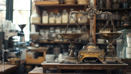 unique shop with antique scales from the 19th century with ornate metal bowls  shop background 