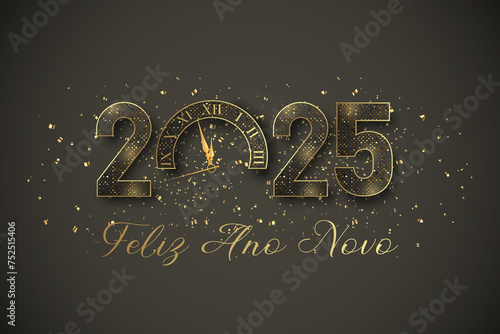 Cartão ou faixa de cabeça para desejar um feliz ano novo 2025 em cinza e ouro O 0 é substituído por um relógio em um fundo cinza com glitter dourado 
 photo