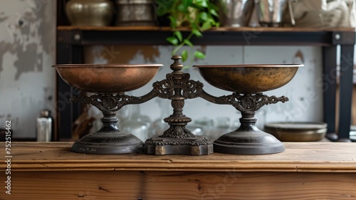 unique shop with antique scales from the 19th century with ornate metal bowls, shop background,