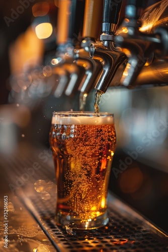 Vivid image capturing the moment of beer being poured into a glass at a lively bar atmosphere