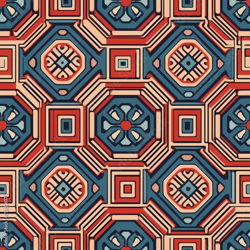Minimalistic traditional tibetan geometric ornament. Blue and red buddhist pattern. Seamless illustration for print  textile  tile  fabric  interior  design  decor