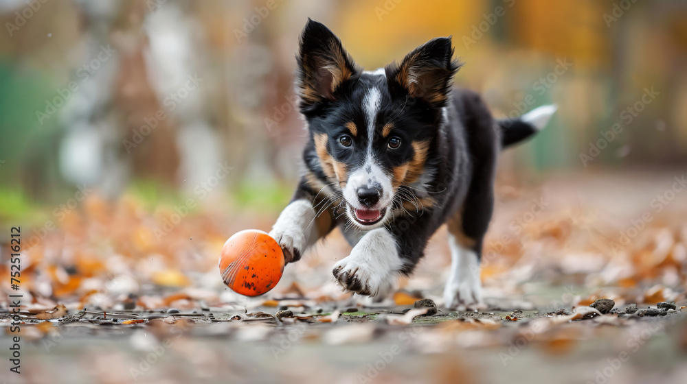 Playful puppy chasing a ball.