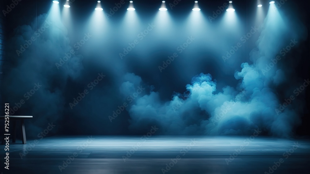 Empty stage transformed with light beam and smoke