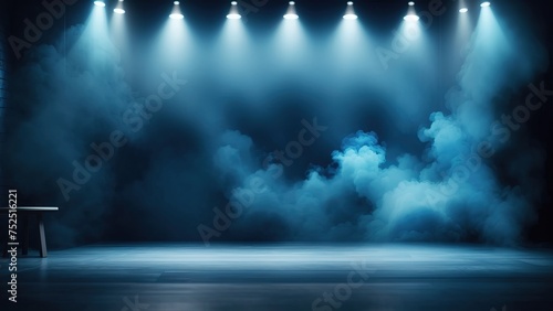 Empty stage transformed with light beam and smoke