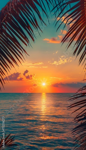 A breathtaking tropical sunset with vivid colors casting silhouettes of palm leaves against a tranquil ocean backdrop.