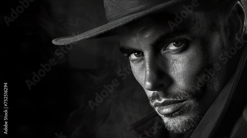 A man in a hat displays an intense look in an aura of mystery and determination. Man with a deep countenance of emotions and thoughts in a dark gray tone. photo