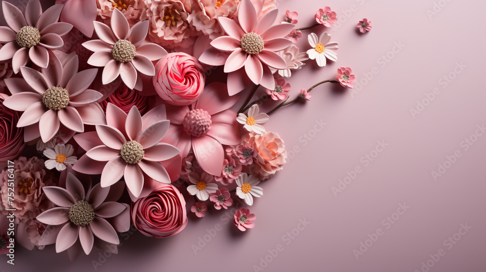 Mother's Day background with copy space. Abstract natural floral frame layout with text space. Romantic feminine composition. Women day, Mother's Day background with copy space. Abstract natural floral frame layout with text space. Romantic feminine composition. Women day,